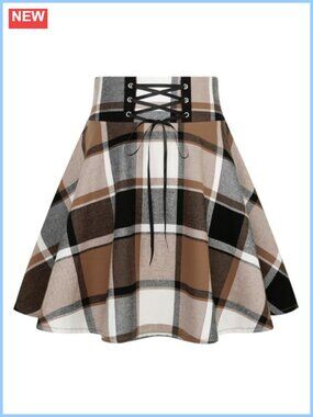 High Waist Plaid Mini Skirt Lace Up Pleated A-Line Skater